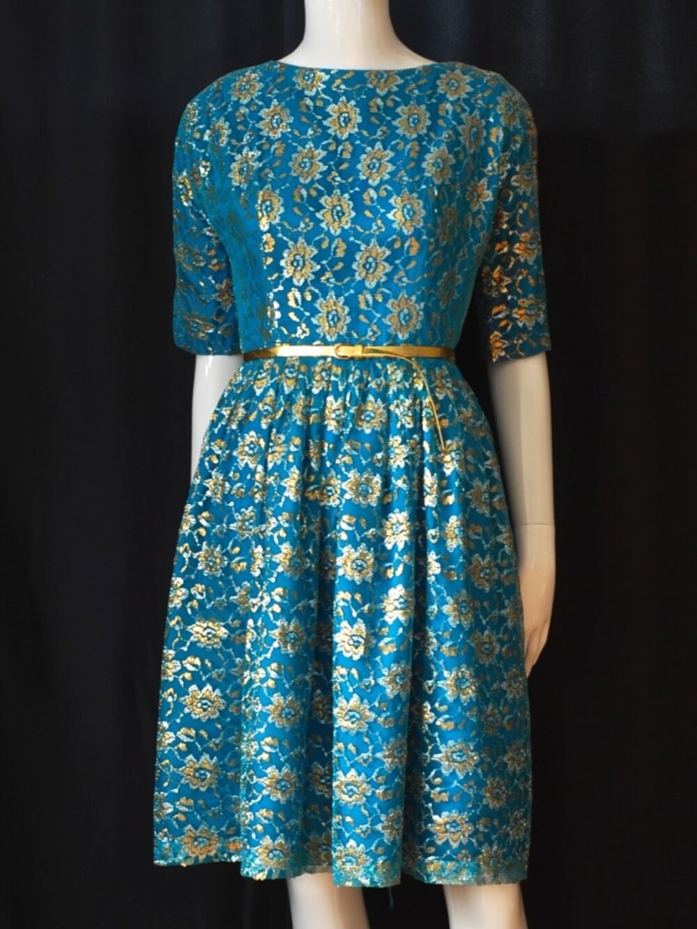 Bright Blue Vintage Party Dress With Metallic Highlights